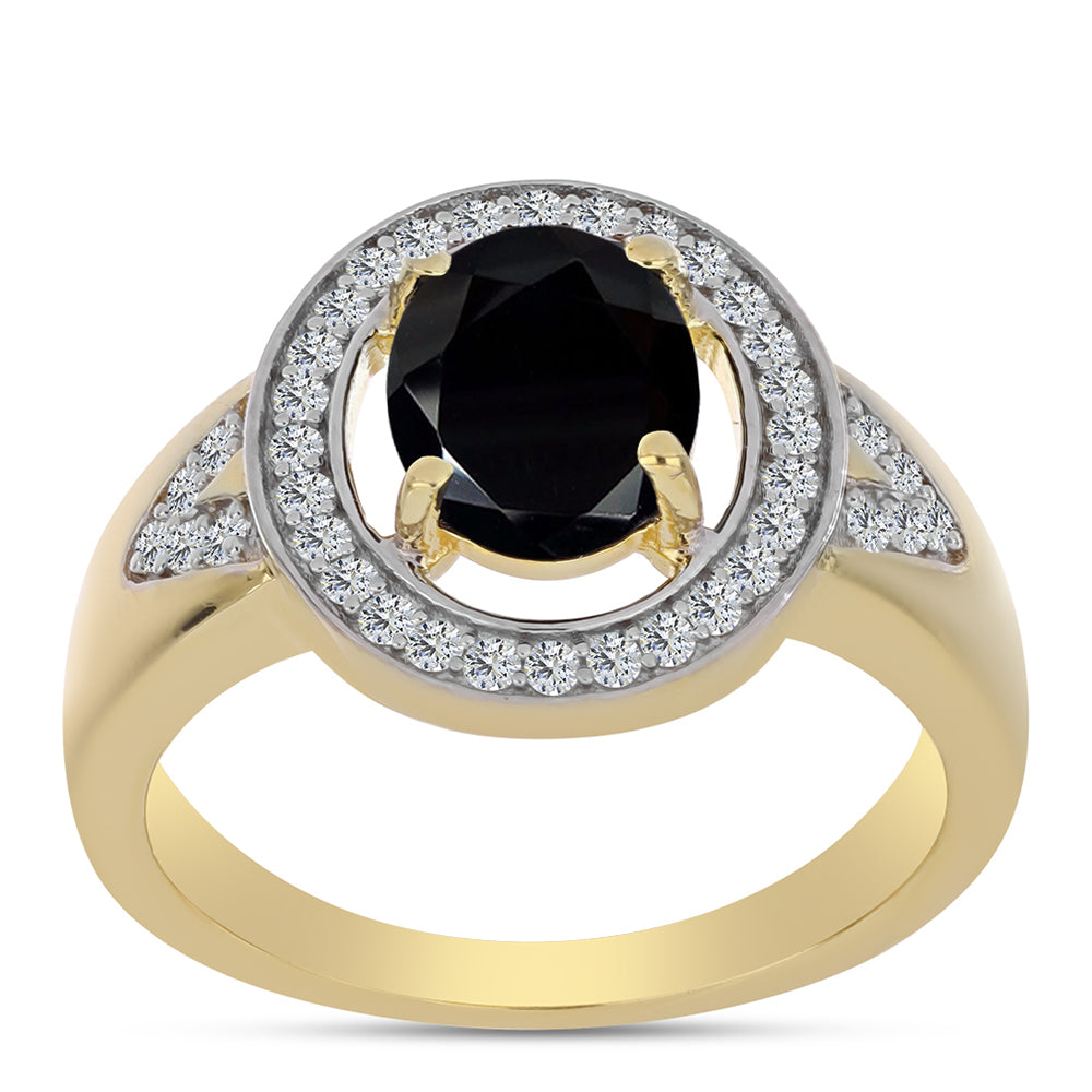 Anel de Prata com Banho de Ouro com Ónix Preta e Topázio Branco  Contraste: Cabeca de Veado (800) 4 