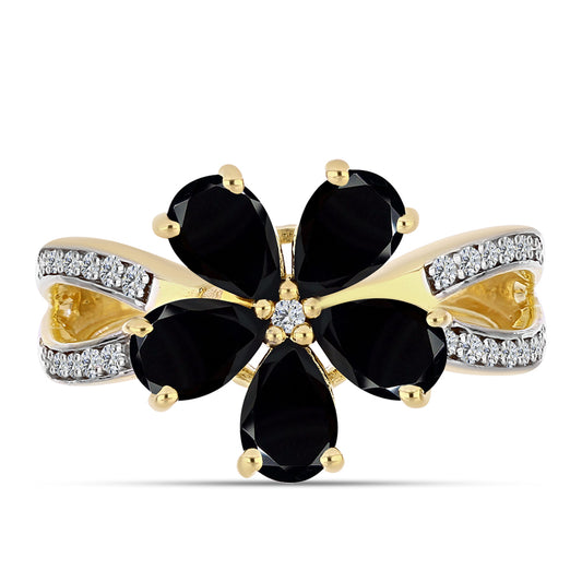 Anel de Prata com Banho de Ouro com Ónix Preta e Topázio Branco  Contraste: Cabeca de Veado (800)