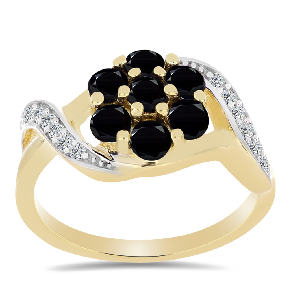 Anel de Prata com Banho de Ouro com Ónix Preta e Topázio Branco  Contraste: Cabeca de Veado (800)