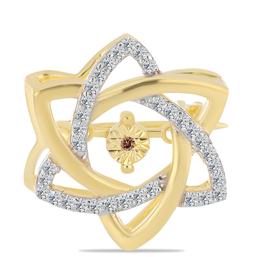 Alfinete de Prata com Banho de Ouro com Diamante cor de Cognac e Topázio Branco