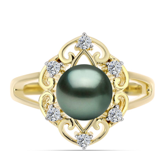 Anel de Prata com Banho de Ouro com Pérola de água doce com tonalidade verde estilo Taiti e Topázio Branco  Contraste: Cabeca de Veado (800)