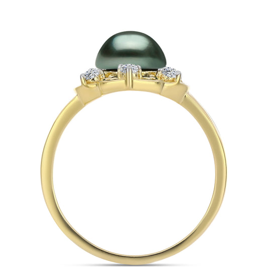 Anel de Prata com Banho de Ouro com Pérola de água doce com tonalidade verde estilo Taiti e Topázio Branco  Contraste: Cabeca de Veado (800)