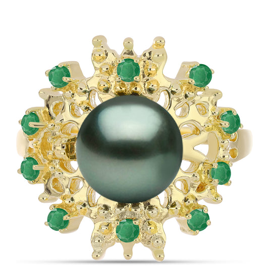 Anel de Prata com Banho de Ouro com Pérola de água doce com tonalidade verde estilo Taiti e Esmeralda do Brasil  Contraste: Cabeca de Veado (800)