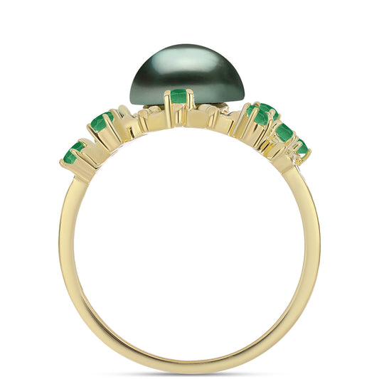 Anel de Prata com Banho de Ouro com Pérola de água doce com tonalidade verde estilo Taiti e Esmeralda do Brasil  Contraste: Cabeca de Veado (800)