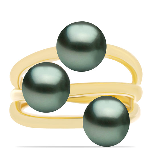 Anel de Prata com Banho de Ouro com Pérola de água doce com tonalidade verde estilo Taiti  Contraste: Cabeca de Veado (800)