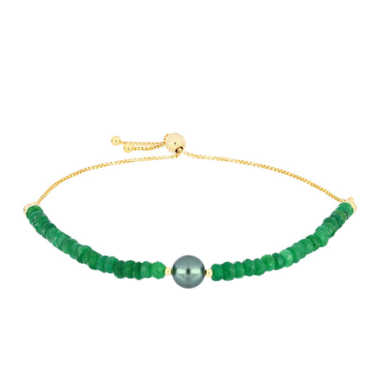 Pulseira de Prata com Banho de Ouro com Pérola de água doce com tonalidade verde estilo Taiti e Esmeralda do Brasil