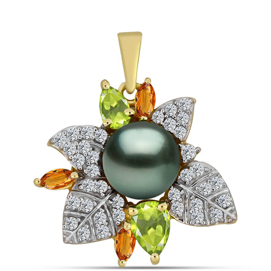 Pendente de Prata com Banho de Ouro com Pérola de água doce com tonalidade verde estilo Taiti e Peridoto de Changbai  Contraste: Cabeca de Veado (800)