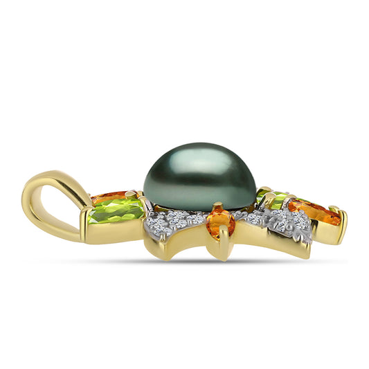 Pendente de Prata com Banho de Ouro com Pérola de água doce com tonalidade verde estilo Taiti e Peridoto de Changbai  Contraste: Cabeca de Veado (800)
