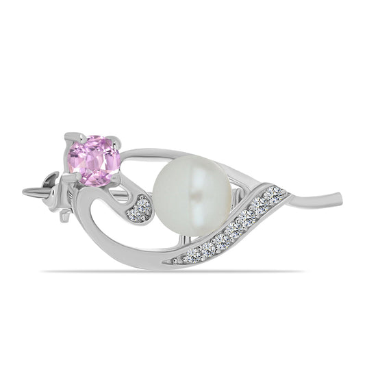 Alfinete de Prata com Kunzita de Pala e Pérola de Água Doce Branca