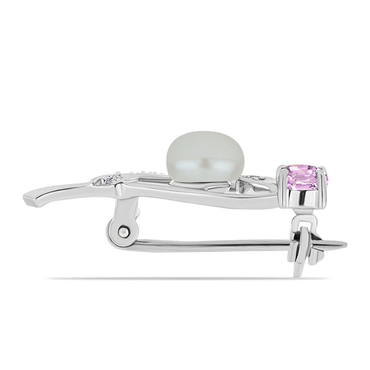 Alfinete de Prata com Kunzita de Pala e Pérola de Água Doce Branca
