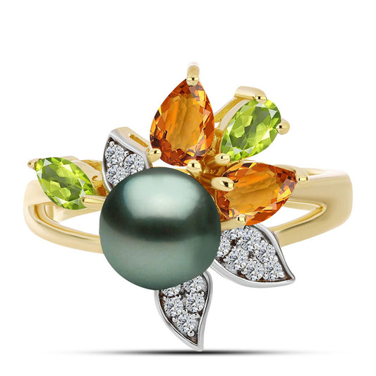Anel de Prata com Banho de Ouro com Pérola de água doce com tonalidade verde estilo Taiti e Citrino de Ural  Contraste: Cabeca de Veado (800)
