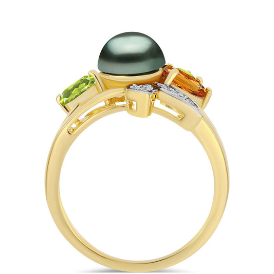 Anel de Prata com Banho de Ouro com Pérola de água doce com tonalidade verde estilo Taiti e Citrino de Ural  Contraste: Cabeca de Veado (800)
