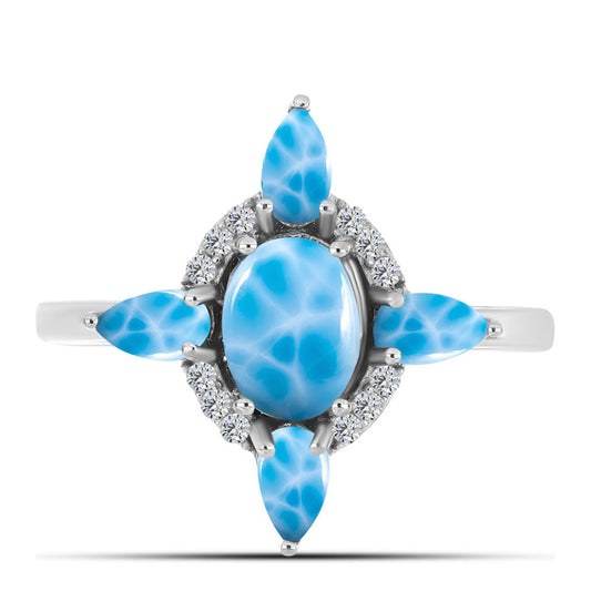 Anel de Prata com Larimar de Barahona e Topázio Branco  Contraste: Cabeca de Veado (800)