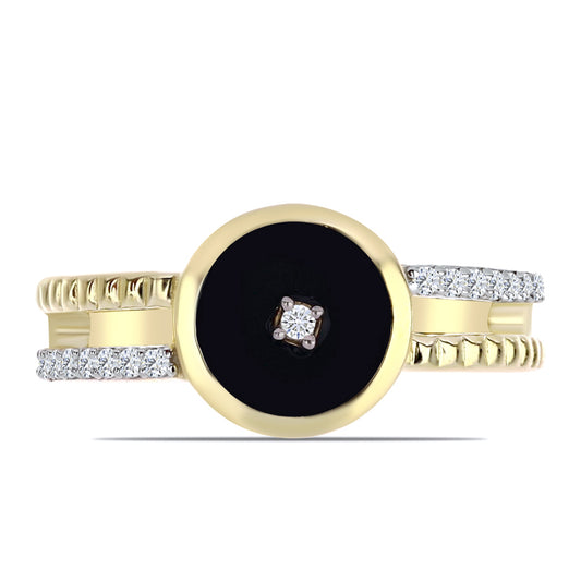 Anel de Prata com Banho de Ouro com Ónix Preta e Topázio Branco