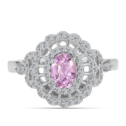 Anel de Prata com Kunzita de Pala e Topázio Branco  Contraste: Cabeca de Veado (800)