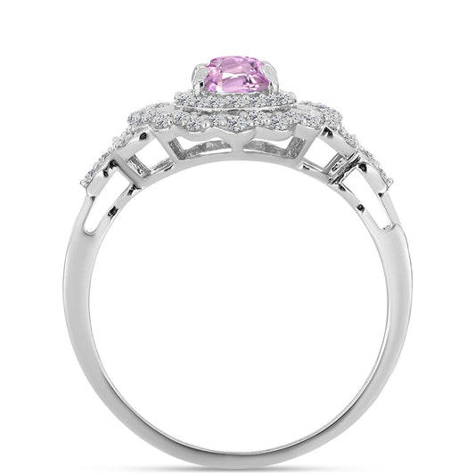 Anel de Prata com Kunzita de Pala e Topázio Branco  Contraste: Cabeca de Veado (800)