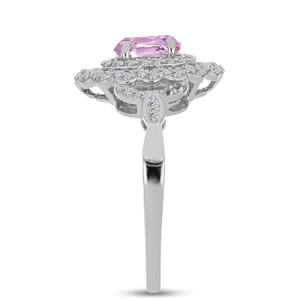 Anel de Prata com Kunzita de Pala e Topázio Branco  Contraste: Cabeca de Veado (800)