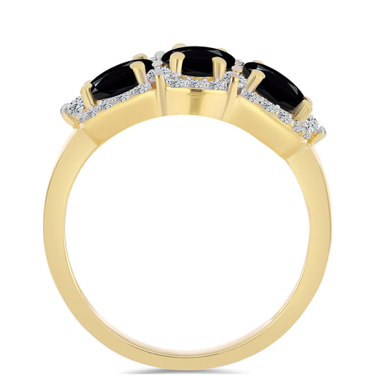 Anel de Prata com Banho de Ouro com Ónix Preta e Topázio Branco