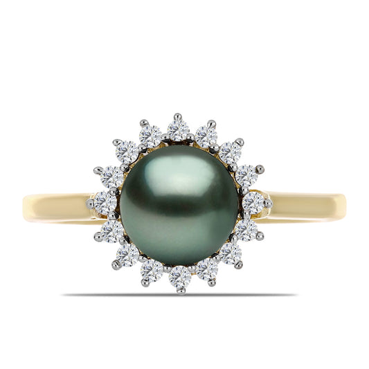 Anel de Prata com Banho de Ouro com Pérola de água doce com tonalidade verde estilo Taiti e Topázio Branco