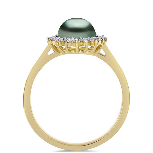 Anel de Prata com Banho de Ouro com Pérola de água doce com tonalidade verde estilo Taiti e Topázio Branco