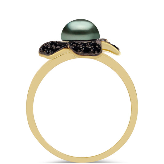 Anel de Prata com Banho de Ouro com Pérola de água doce com tonalidade verde estilo Taiti e Espinela Preta de Gorno Badakhshan  Contraste: Cabeca de Veado (800)