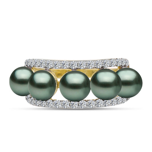 Anel de Prata com Banho de Ouro com Pérola de água doce com tonalidade verde estilo Taiti e Topázio Branco  Contraste: Cabeca de Veado (800)