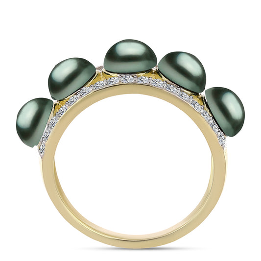 Anel de Prata com Banho de Ouro com Pérola de água doce com tonalidade verde estilo Taiti e Topázio Branco  Contraste: Cabeca de Veado (800)