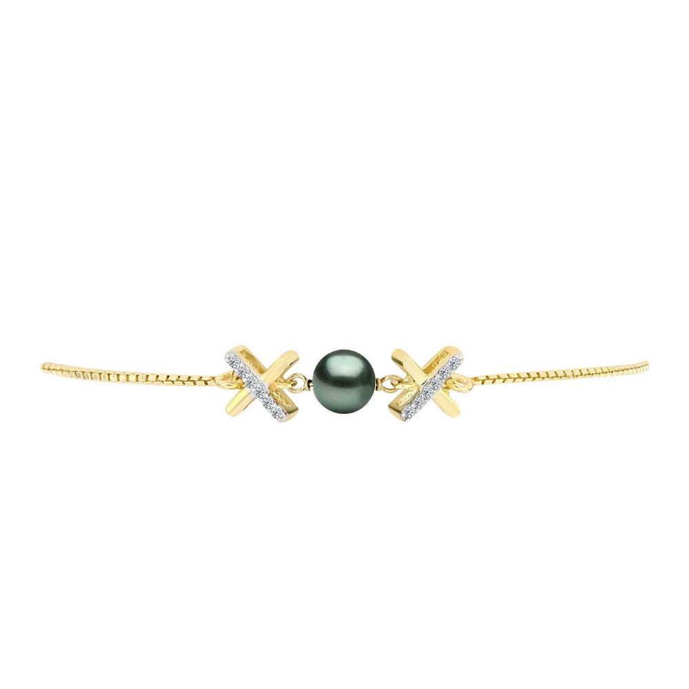 Pulseira de Prata com Banho de Ouro com Pérola de água doce com tonalidade verde estilo Taiti e Topázio Branco  Contraste: Cabeca de Veado (800) 2 