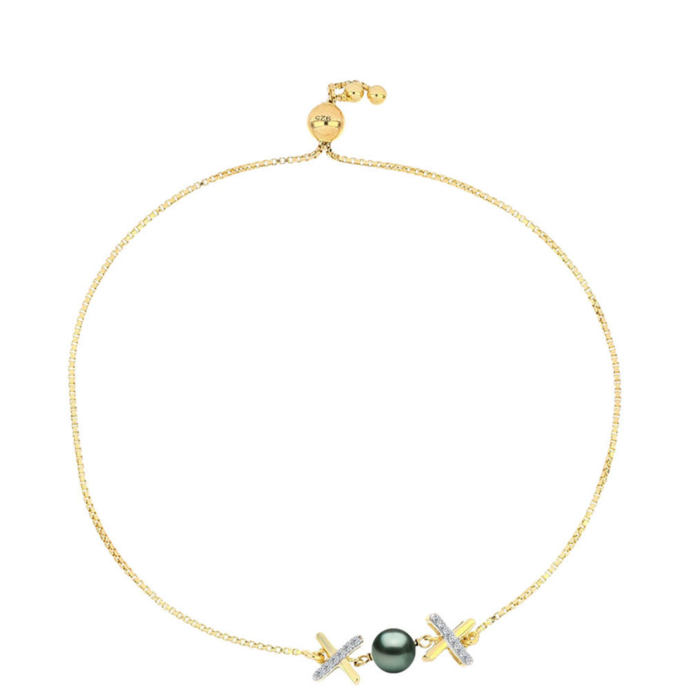 Pulseira de Prata com Banho de Ouro com Pérola de água doce com tonalidade verde estilo Taiti e Topázio Branco  Contraste: Cabeca de Veado (800) 1 