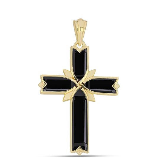 Cruz Pendente de Prata com Banho de Ouro com Ónix Preta  Contraste: Cabeca de Veado (800)