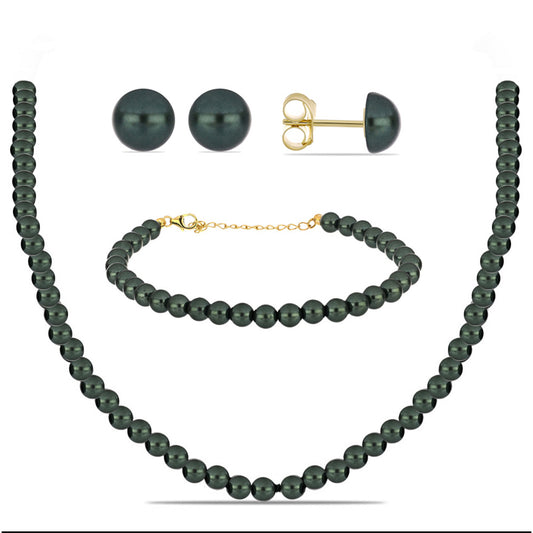 Conjunto de Prata com Banho de Ouro com Pérola de água doce com tonalidade verde estilo Taiti ( Colar+Brincos+Pulseira )