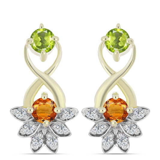 Brincos de Prata com Banho de Ouro com Safira Arco-íris e Topázio Branco