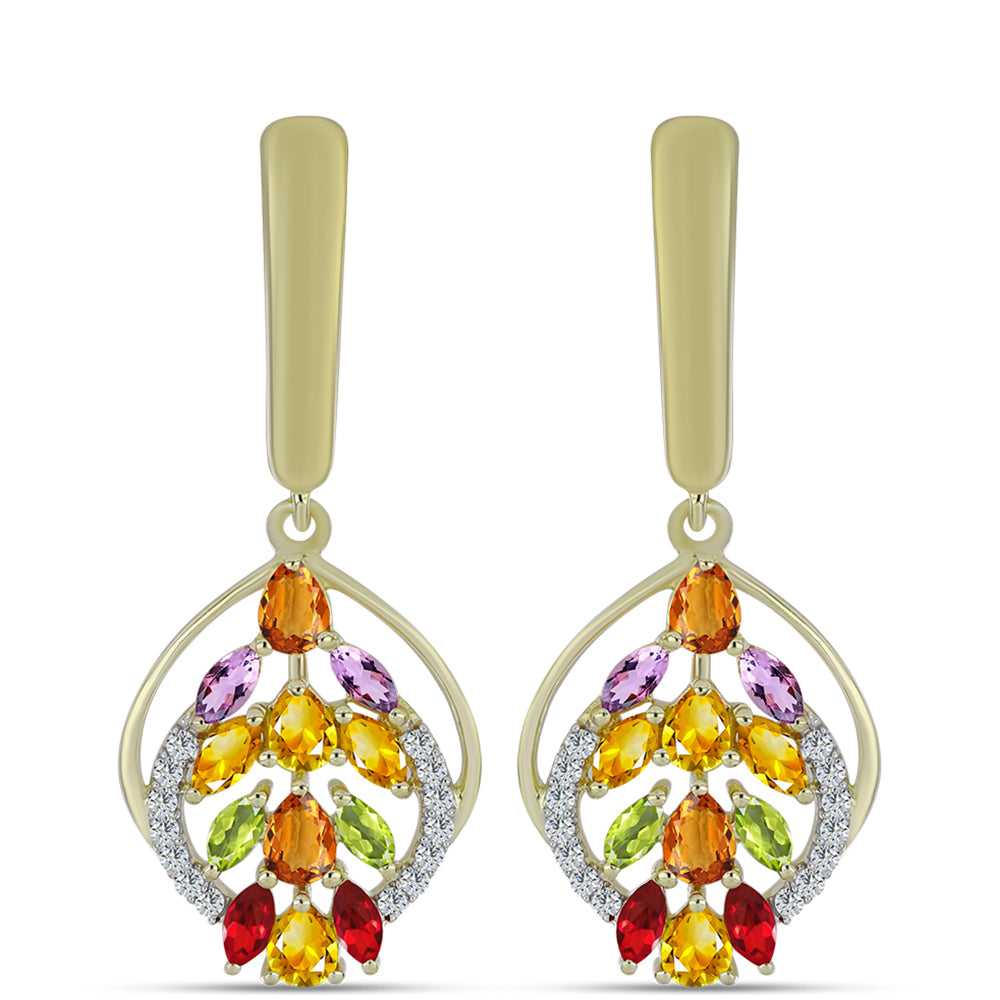 Brincos de Prata com Banho de Ouro com Safira Arco-íris e Topázio Branco