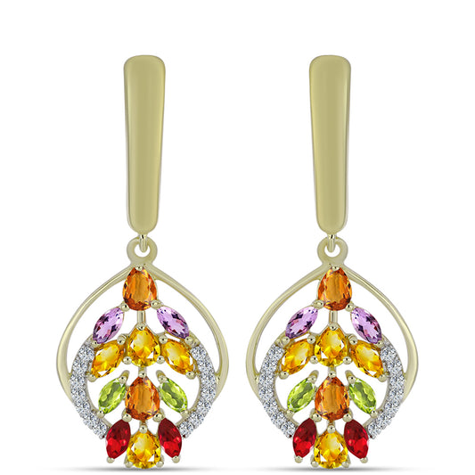 Brincos de Prata com Banho de Ouro com Safira Arco-íris e Topázio Branco