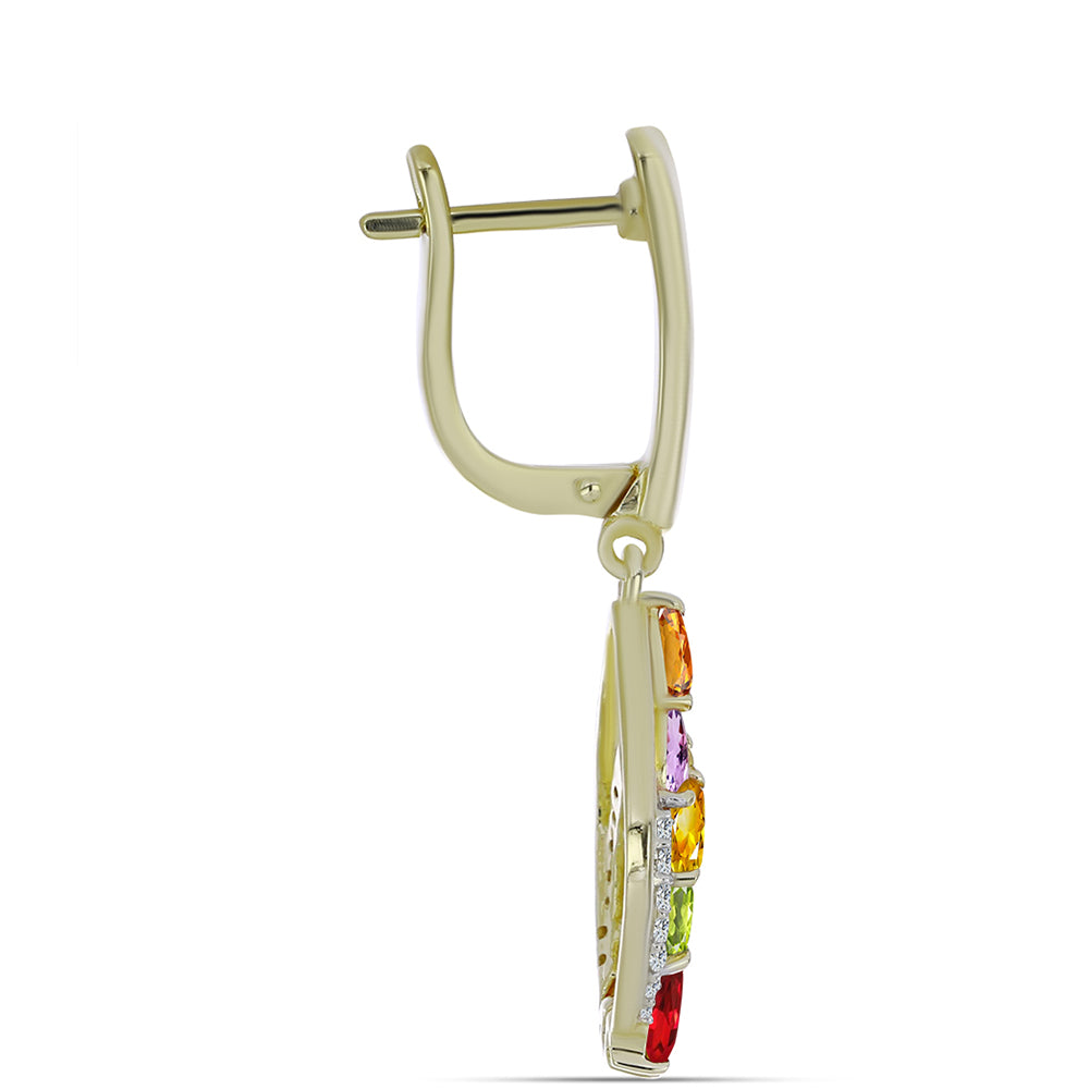 Brincos de Prata com Banho de Ouro com Safira Arco-íris e Topázio Branco