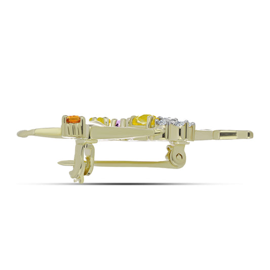 Alfinete de Prata com Banho de Ouro com Safira Arco-íris e Topázio Branco  Contraste: Cabeca de Veado (800)