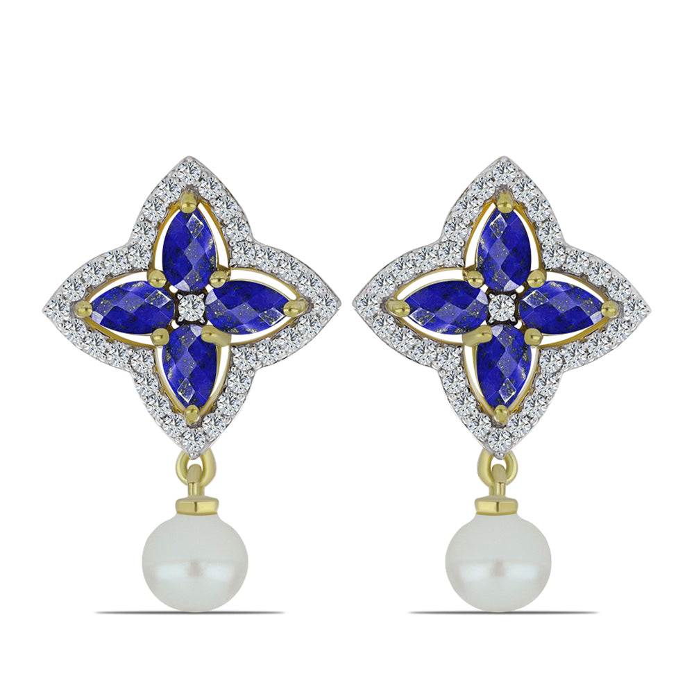 Brincos de Prata com Banho de Ouro com Lápis-lazúli e Pérola Branca de Água Doce