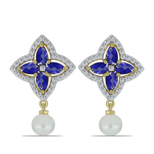 Brincos de Prata com Banho de Ouro com Lápis-lazúli e Pérola Branca de Água Doce