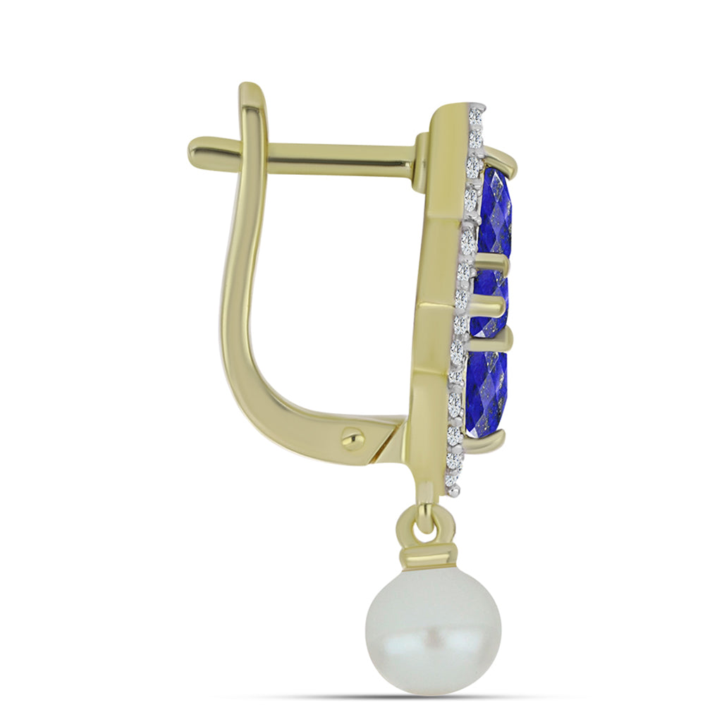 Brincos de Prata com Banho de Ouro com Lápis-lazúli e Pérola Branca de Água Doce 2 