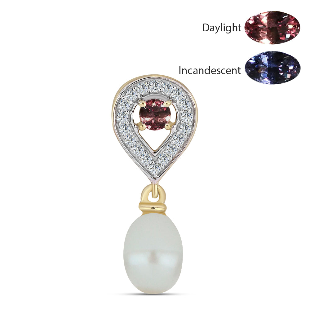 Pendente de Prata com Banho de Ouro com Granada Furta-cor de Tsivory e Pérola de Água Doce Branca