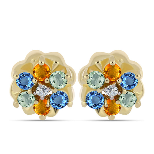 Brincos de Prata com Banho de Ouro com Safira Arco-íris e Topázio Branco