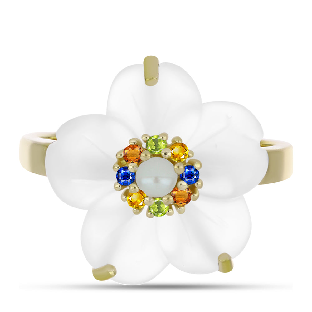 Anel de Prata com Banho de Ouro com Safira Arco-íris e Pérola Branca de Água Doce  Contraste: Cabeca de Veado (800) 1 