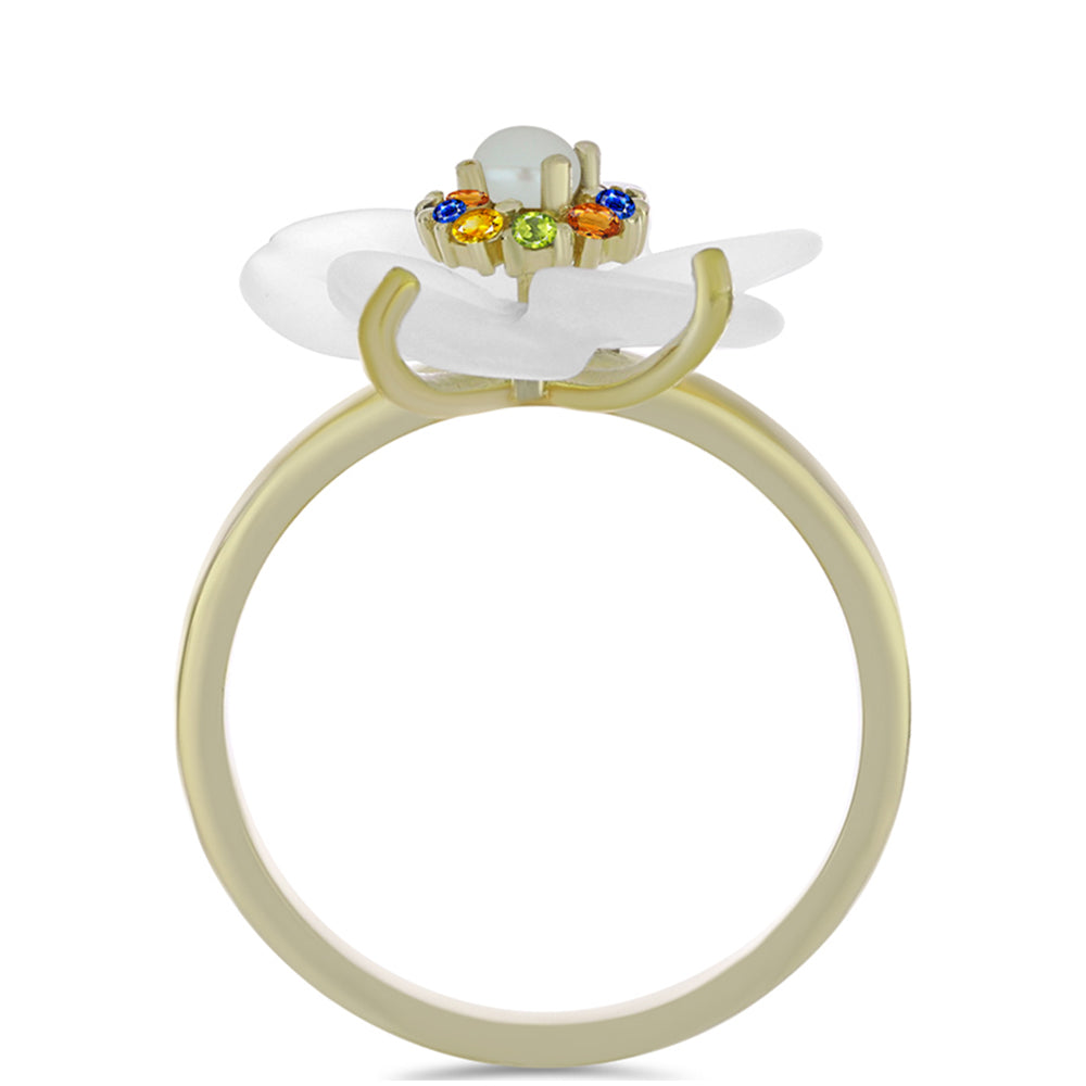 Anel de Prata com Banho de Ouro com Safira Arco-íris e Pérola Branca de Água Doce  Contraste: Cabeca de Veado (800) 2 