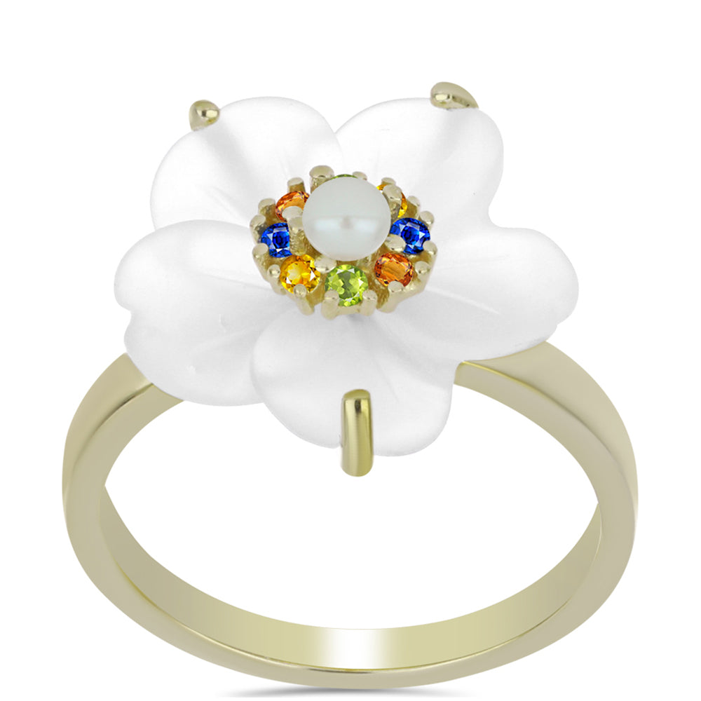 Anel de Prata com Banho de Ouro com Safira Arco-íris e Pérola Branca de Água Doce  Contraste: Cabeca de Veado (800) 3 