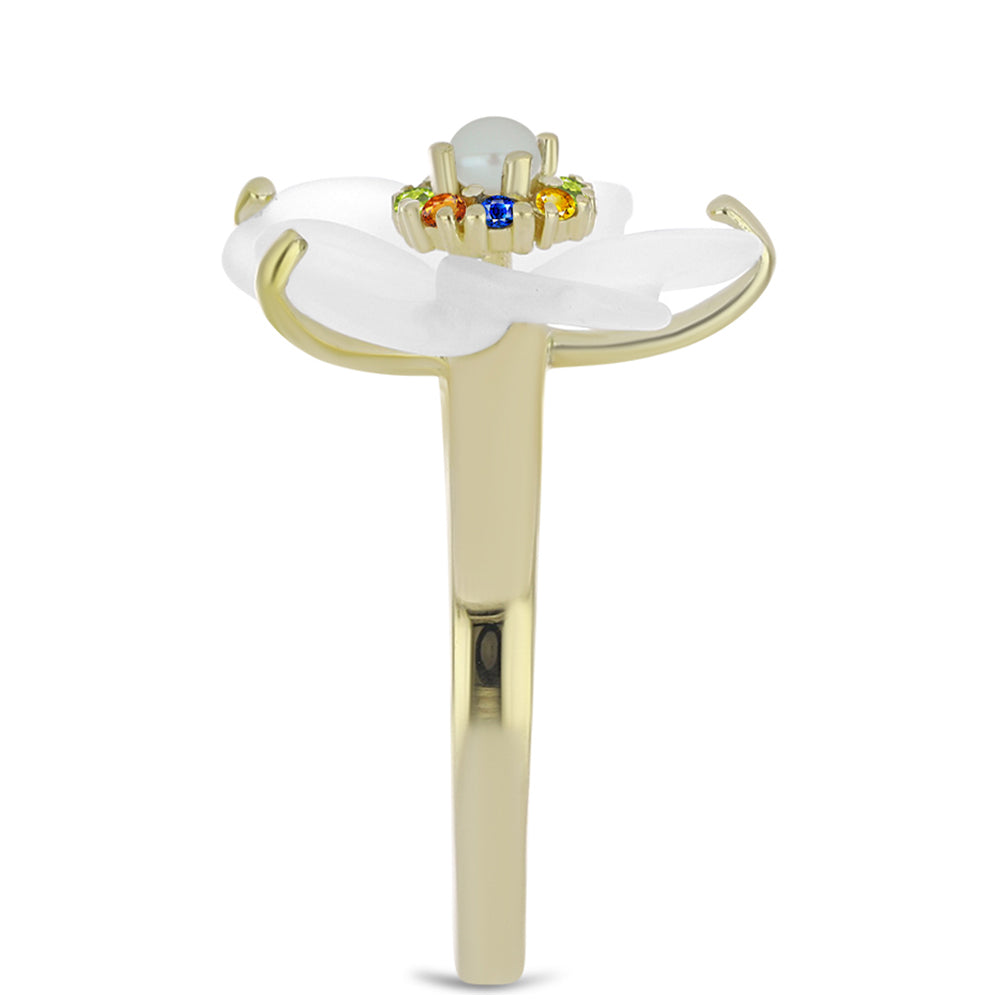 Anel de Prata com Banho de Ouro com Safira Arco-íris e Pérola Branca de Água Doce  Contraste: Cabeca de Veado (800)