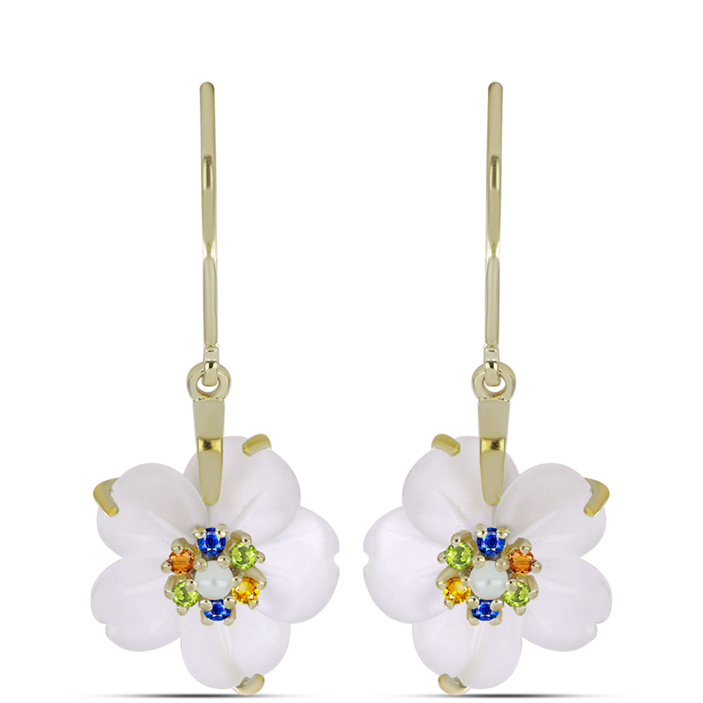 Brincos de Prata com Banho de Ouro com Safira Arco-íris e Pérola Branca de Água Doce