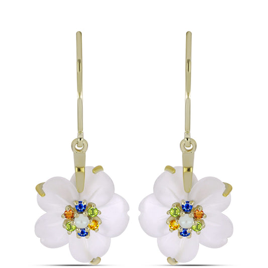 Brincos de Prata com Banho de Ouro com Safira Arco-íris e Pérola Branca de Água Doce