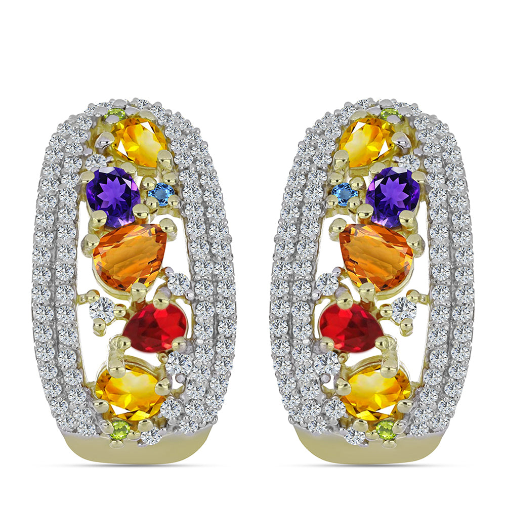 Brincos de Prata com Banho de Ouro com Safira Arco-íris e Topázio Branco  Contraste: Cabeca de Veado (800) 1 