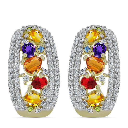 Brincos de Prata com Banho de Ouro com Safira Arco-íris e Topázio Branco  Contraste: Cabeca de Veado (800)