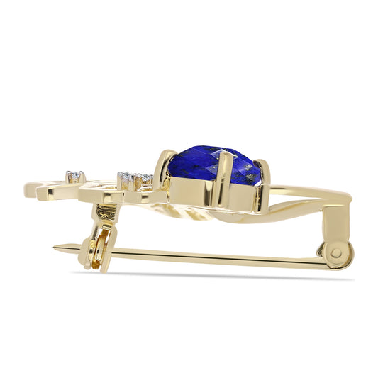 Alfinete de Prata com Banho de Ouro com Lápis-lazúli e Topázio Branco  Contraste: Cabeca de Veado (800)